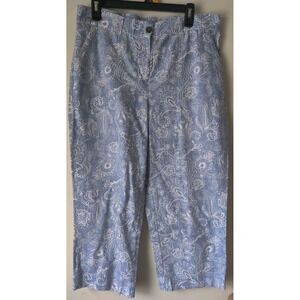 Talbots Women's Wide Leg Crop Linen/Cotton Paisley Blue/White Pants Size 14